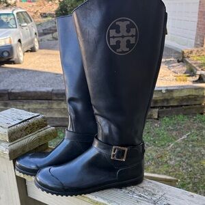 Tory Burch Black Leather Boots with Gold Buckle
